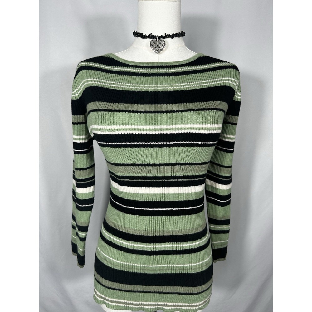 Vintage 90s Green Black Striped Ribbed Knit Fitted Ringer Top Indie Alt Grunge S